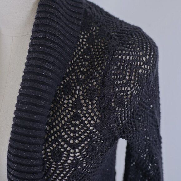 INC International Concepts Black Cowl Lapel Lace Knit‎ Cardigan Small Sweater - Picture 2 of 6